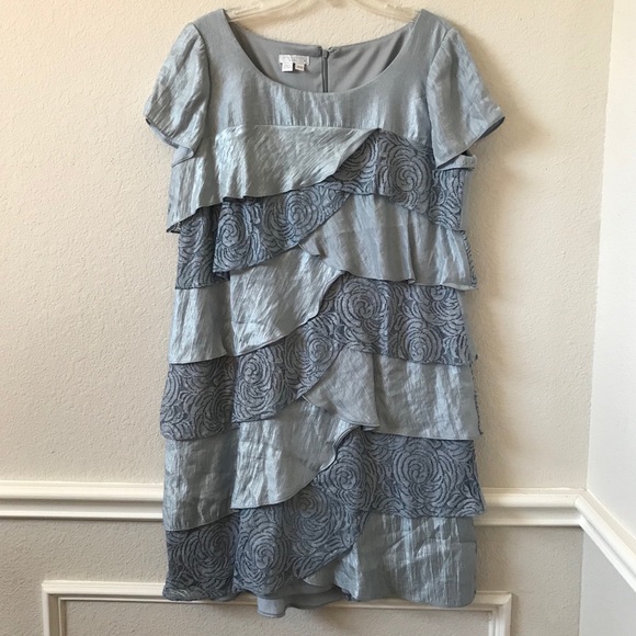 London Times Metallic Blue Lace Trim Ruffle Dress - Picture 14 of 15